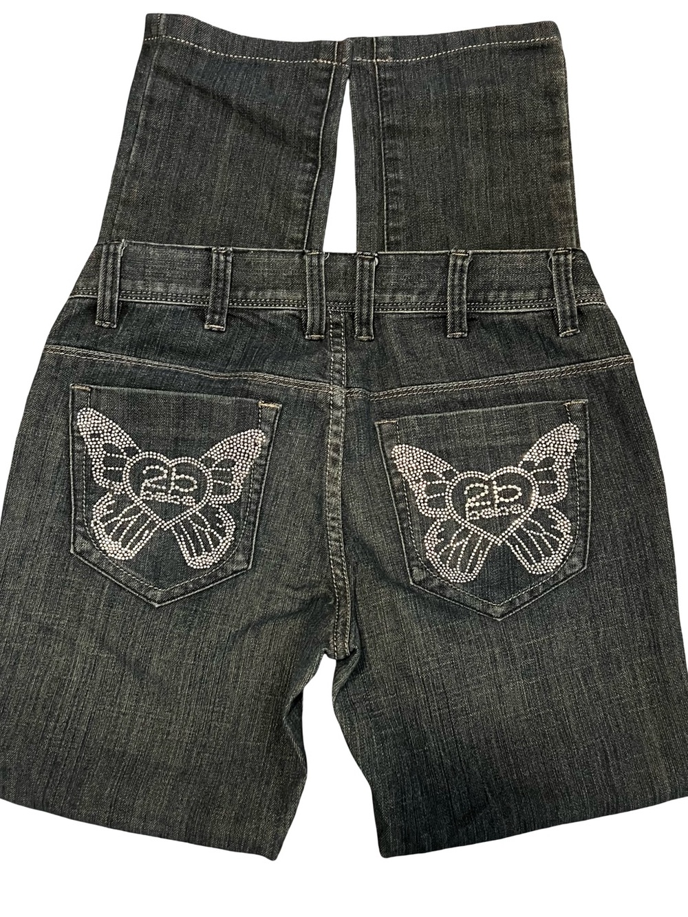 2B Bebe Dark Gray High-Rise Denim Shorts with Rhinestone Butterfly Pockets